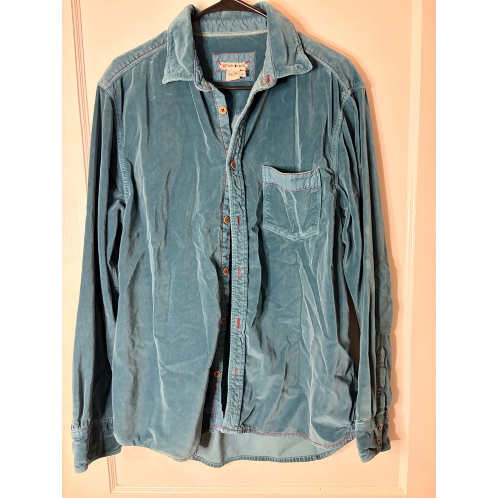 32 Bar Blues Mens Teal Blue Cotton Corduroy Button Down Shirt Large L